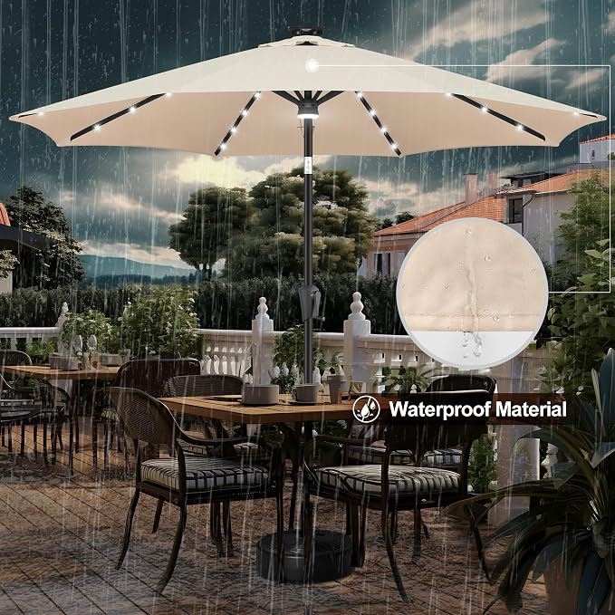 FLAME&SHADE Solar Patio Umbrella with Centre Light, 10 FT Beige | UV Protection, Small Solar Outdoor Umbrella for Porch, Deck, Backyard, Garden, Provides Evening Lighting, 40 LED Lights