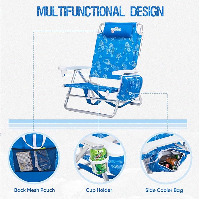 Old Bahama Bay Backpack Beach Chair, Aluminum Lightweight Reclining 5-Position Lounge Chair for Adults Heavy Duty Support 400 LBS Portable Folding with Cooler Bag Camping Chair for Sand Outdoor