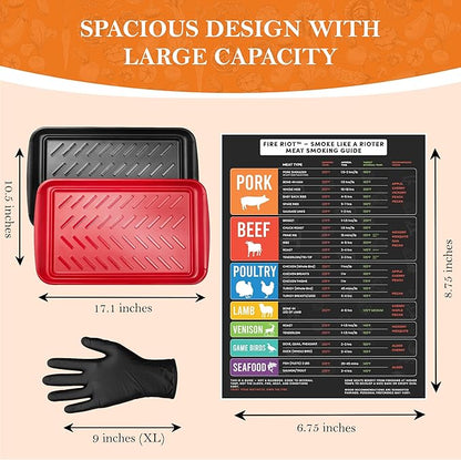 FIRE RIOT Grilling Prep & Serve Trays Set, BBQ Trays for Marinating Raw & Cooked Food with 50 Nitrile Gloves & Meat Smoking Guide, Dishwasher Safe