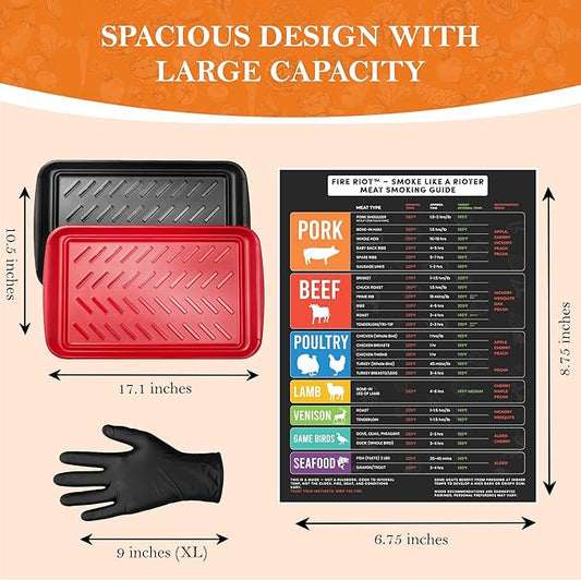 FIRE RIOT Grilling Prep & Serve Trays Set, BBQ Trays for Marinating Raw & Cooked Food with 50 Nitrile Gloves & Meat Smoking Guide, Dishwasher Safe