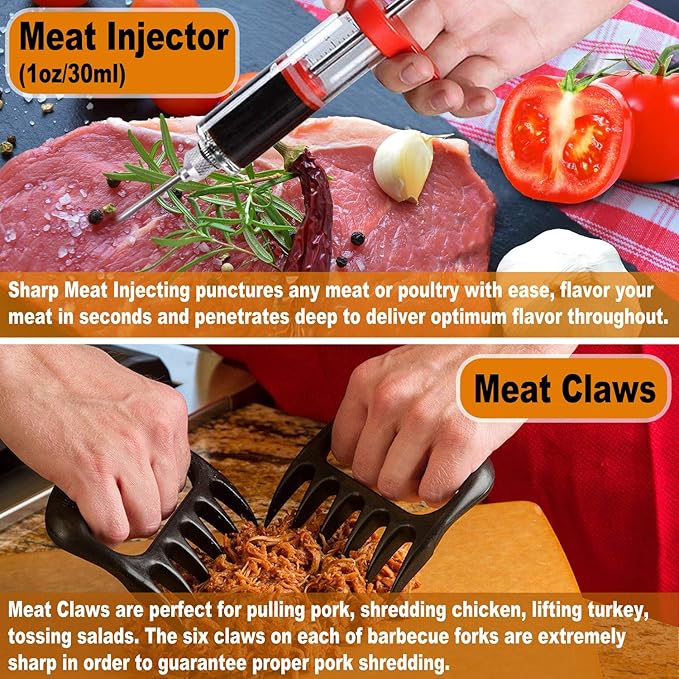 POLIGO 28Pcs Grilling Accessories in Bag with Meat Injector, Barbecue Claws, Mats, Thermometer for Smoker, Camping BBQ Grill Utensil Set Dad Gift for Fathers Day Birthday Grilling Gifts for Men Silver