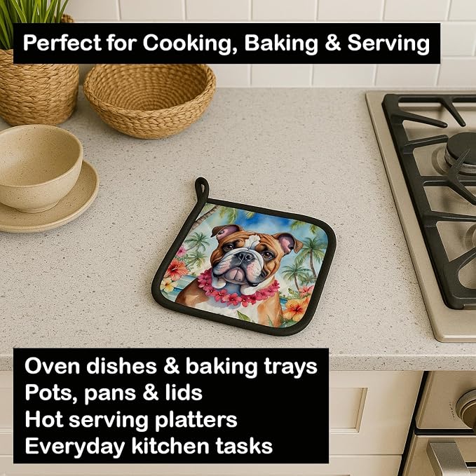 Caroline's Treasures English Bulldog Luau Pair of Pot Holders Kitchen Heat Resistant Pot Holders Sets Oven Hot Pads for Cooking Baking BBQ, 7 1/2 x 7 1/2