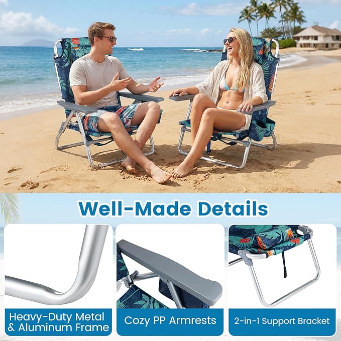 GYMAX Beach Chairs, Backpack Camping Chair | with Armrest, Cooler Bag, Cup Holder & Towel Bar, Sunbath Tanning Lounge, Folding Layout Chair (Without Table, Flower)