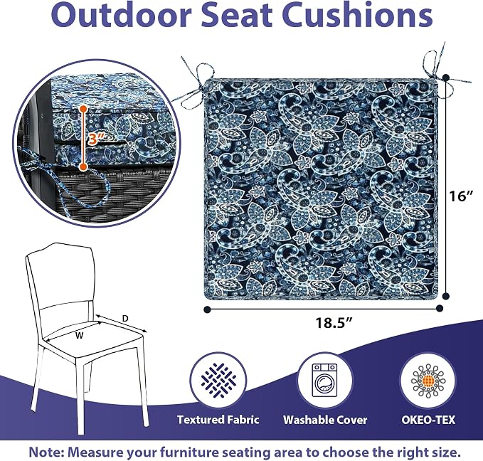 IPYNBAP Outdoor Chair Cushions Set of 4 -Waterproof Outdoor Seat Cushions for Patio Furniture, Patio Chair Cushion with Handle and Ties, Out Door Chair Pads,18.5x16x3-Square, Green Paisley