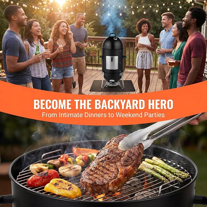 Barrel Charcoal Grill, Vertical 3-Layer BBQ Smoker for Outdoor Backyard Cooking, Heavy-Duty Steel with Thermometer & Adjustable Air Vents, Black