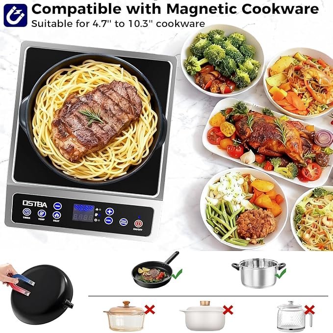 OSTBA Portable Induction Cooktop 1800W, Countertop Induction Burner | 10 Power Levels, 120-460°F Temperature Control, 3H Timer, Boil and Keep Warm Functions, ETL Certified