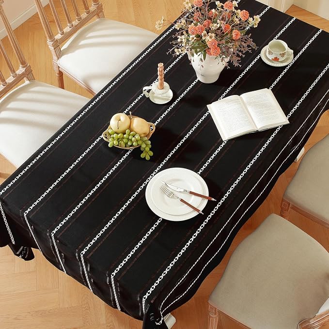 Chassic 60 x 104 inches Farmhouse Style Linen tablecloths, Wrinkle Resistant Washable Dining Room Table Cloths for 6 Foot Rectangle Tables - Hemstitch Black