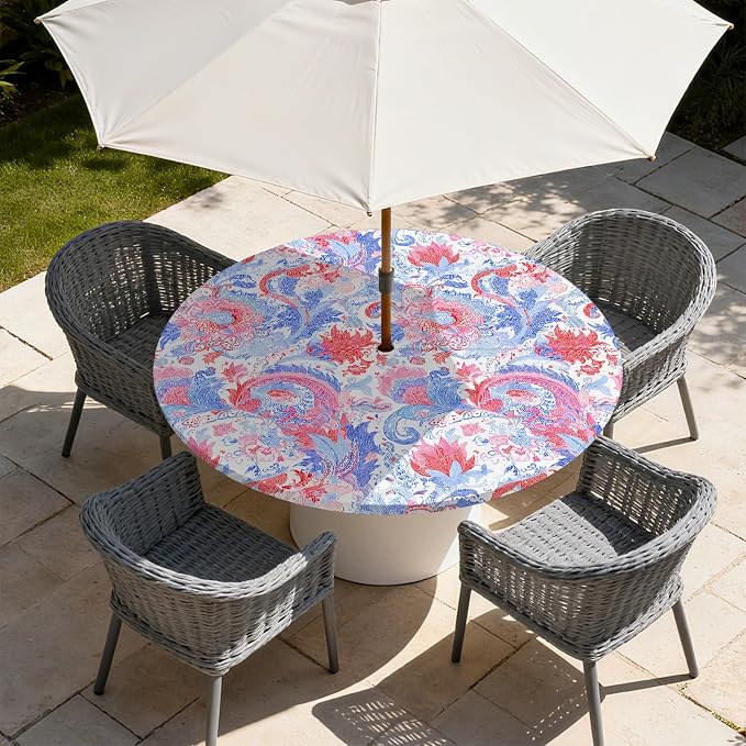 Outdoor Tablecloth with Umbrella Hole and Zipper Fits 53-60" Tables | Waterproof Round Fitted Tablecloth with Elastic Edge, Wipeable Outdoor Table Cover for Patio, Garden, Picnic