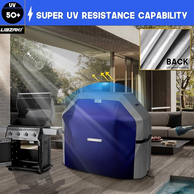 LIBZAKI Grill Cover 420D Waterproof, Weather Resistant, Rip-Proof, Anti-UV, Fade Resistant,Gas Grill Cover for Weber,Char Broil,Nexgrill Grills, etc.72 inches-Blue/Gray