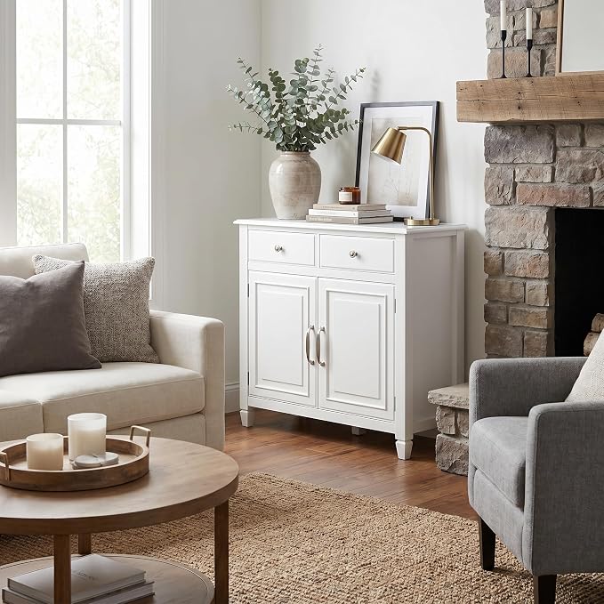 SIMPLIHOME Connaught 40" Wide Solid Wood Storage Cabinet in White | Traditional slim entryway and living room organizer for hats, gloves, shoes and keys with space-saving storage design.