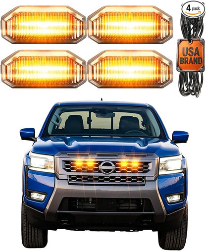 Front Grill Lights for Nissan Frontier 2025-2027 S/SL/SV/Sport Only, Amber | Direct-Snap Installation; OEM-Style Fit; IP68 Waterproof LED; No-Drill Setup; Raptor-Style Front-End Upgrade; Off-Road Ready
