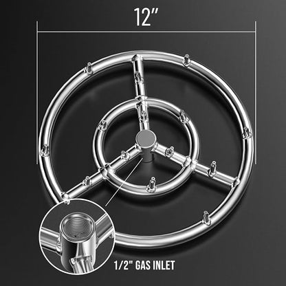 Skyflame 12-Inch Round Stainless Steel Fire Pit Jet Burner Ring | High Flame, 304 Stainless Steel, 90000 BTU, Flame Jet Nozzles, for Natural Gas, Liquid Propane