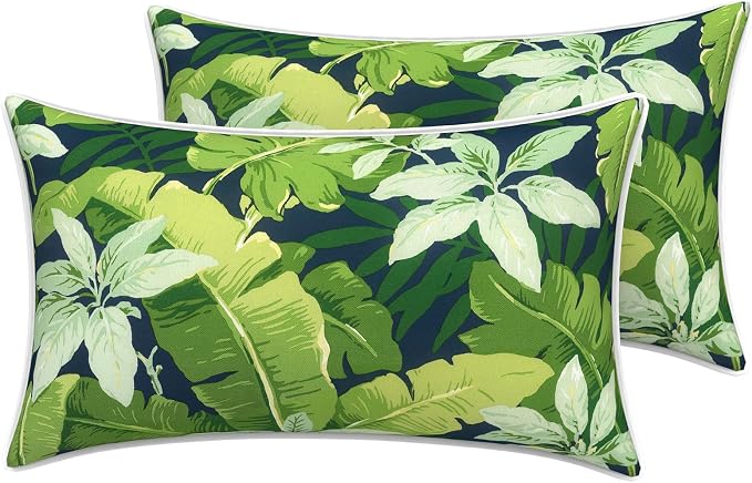 LVTXIII 2 Pack Outdoor Lumbar Pillow Covers 12x20 Inch with Piping, Water-Repellent Back Cushion Covers ONLY for Patio Furniture, Sofa, Garden Bench, Jungle Leaves