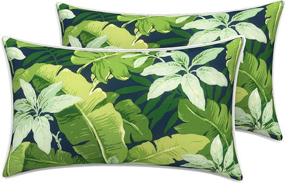 LVTXIII 2 Pack Outdoor Lumbar Pillow Covers 12x20 Inch with Piping, Water-Repellent Back Cushion Covers ONLY for Patio Furniture, Sofa, Garden Bench, Jungle Leaves