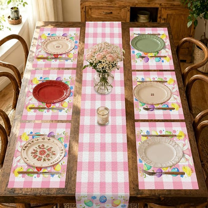 Nuxovilar Tablerunner and Placemats Set of 7 Pink Plaid Easter Bunny & Chick Design Linen Square Placemats for Dining Dining Sets and Accessories Family Breakfast, Easter Party, Friend Gatherings