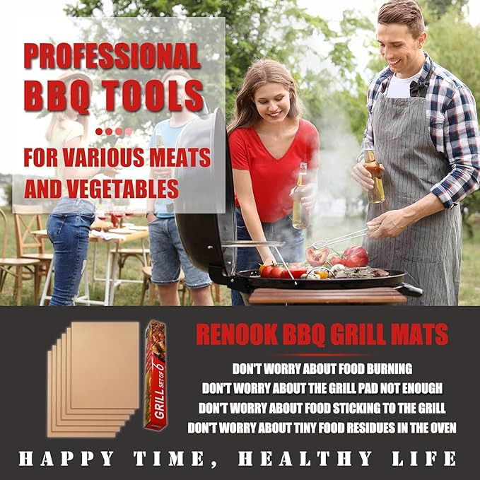 Grill Mats for Outdoor Grill, Set of 6 Copper Grill Mat, Non-Stick and Reusable BBQ Copper Sheets for Gas Grilling Charcoal Electric Barbecue Cooking Accessories, PFOA Free, 15.75 X 13in