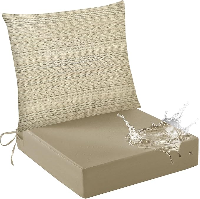 Bcareself Outdoor Deep Seat Cushion Set Waterproof & Fade Resistant Patio Furniture Cushions with Removable Cover Adjustable Straps Rain-Proof Seat Pad Back Cushion for Chair Sofa Porch 22 x 22 Beige