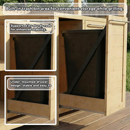 ECACAD Outdoor Kitchen Island with Canopy & Trash Can Cabinet, 6.7FT Cedar Wood Grill Bar Counter Table with Storage Cabinet & Shelves, Grill Pavilion for Patio Kitchen, Backyard, Garden, Natural