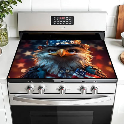 Multi-Design Stove Cover for Glass/Electric Stoves - 3-in-1 Heat-Resistant Protector Mat, Non-Slip Drying Rack 28"x20" (Independence Day - Eagle)