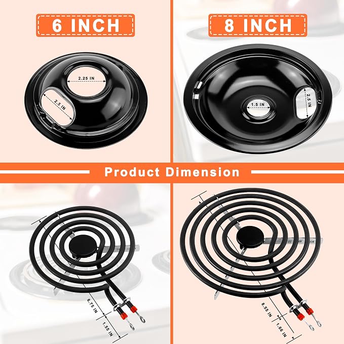 MP22YA Stove Burner & Black Porcelain Drip Pan with 330031 Receptacle Kit | Porcelain Stove Drip Pans of 4 & MP22YA Electric Range Burner Fit for Amana Whirlpool Stove, Replace W10290350 W10290353