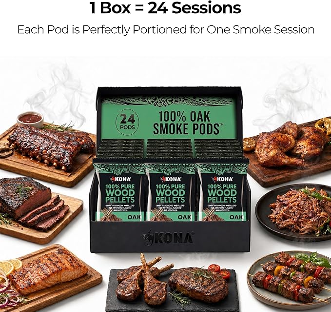 Kona Smoke Pods 100% Oak Pellets Intended for Ninja Woodfire Grill, 24 Stay-Fresh - Sealed Single-Use Pouches for No-Mess Smoking Sessions