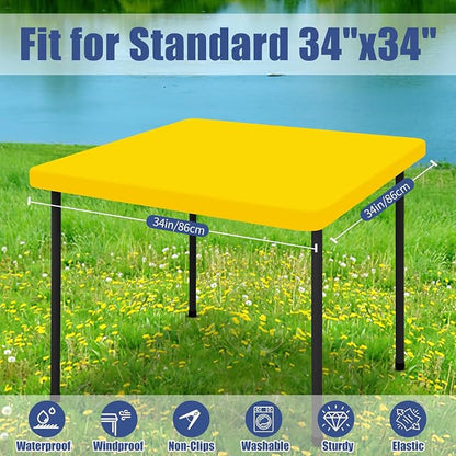 Moosfor 2 Pack Square Spandex Fitted Table Cloth, Elastic Tablecloth | Washable Picnic Table Cover, Stretch Waterproof Table cloths for Party, Patio, Dining, Kitchen, 34" x 34", Yellow