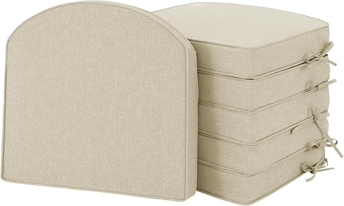 Outdoor Chair Cushions, D Shaped, Set of 6, 18.5 x 16 Inch, Beige | Fade-Resistant, Water-Resistant, Patio Furniture Seat Chair Pads Replacement, Non-Slip Bottom with Ties, Removable Cover