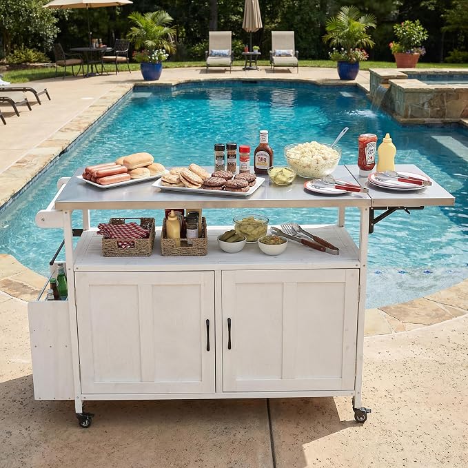 JIVOIT Outdoor Fir Wood Kitchen Island with Foldable Stainless Steel Top, Patio Mobile Kitchen Cart Portable Outdoor Cooking Island with Lockable Wheels, Storage Cabinet and Towel Rack (White/124)