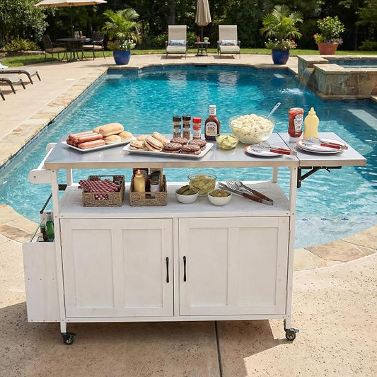 JIVOIT Outdoor Fir Wood Kitchen Island with Foldable Stainless Steel Top, Patio Mobile Kitchen Cart Portable Outdoor Cooking Island with Lockable Wheels, Storage Cabinet and Towel Rack (White/124)