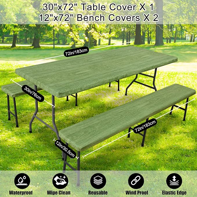 Smiry Picnic Table Cover with Bench Covers, Waterproof Elastic Fitted Tablecloth for 6 Foot Tables, Washable Polyester Tablecloths for Camping, Indoor & Outdoor (Green & Black, 30x72 Inch 3-pc Set)