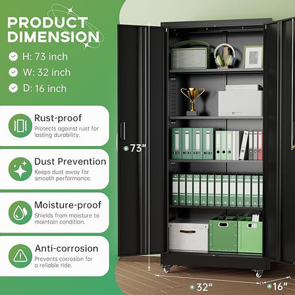 INTERGREAT 73" H Metal Storage Cabinet with Wheels, Locking Doors and Adjustable Shelves, Black Rolling Steel Tool Cabinet for Home Office, Garage, Warehouse
