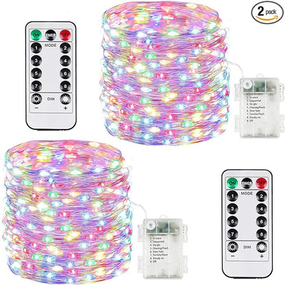2 Pack 100 LED Fairy Lights Battery Operated with Remote, 33 FT Multicolor | Cuttable, 8 Modes, Memory, Dimmable, Waterproof Battery String Lights with Timer for Indoor Outdoor, Christmas Decorations
