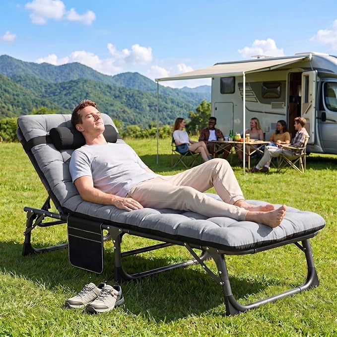 ABORON 3-in-1 Folding Patio Lounge Chair, 440LB Heavy-Duty Tri-Fold Guest Bed with Plush Cotton Cushion, No Assembly Adjustable Recliner for Office Nap, Patio Sunbathing, Poolside & Camping