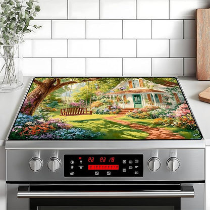 Happy Easter Stove Top Cover Flower Eggs Cute Rabbit Gas Stove Top Cover for Home Decoration Kitchen St. Patrick Day Pad Non-Stick Washable Cooktop Covers Countertop Protector (house, 28" x 20")