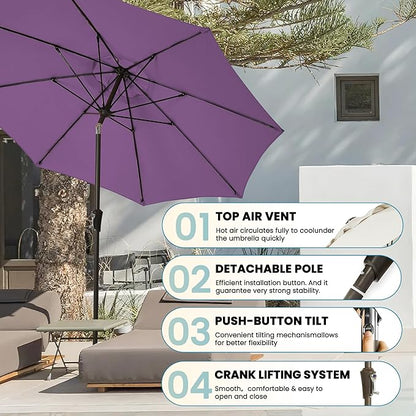 9FT Large Outdoor Patio Umbrella Pool Market Umbrella-UV Resistant, Easy Push Button Tilt and Crank, 8 Sturdy Ribs Heavy-Duty Table Umbrella for Deck, Backyard, Garden(Purple)