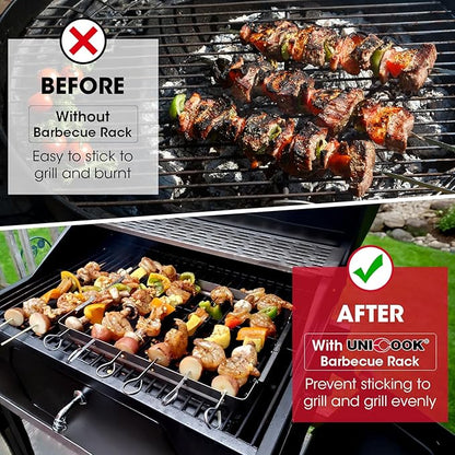 Unicook Stainless Steel BBQ Shish Kabob Set, Foldable Shish Kabob Holder with 6pcs 13"L Skewers, Reusable Grill Rack, Comes with 30pcs 12.5"L Bamboo Skewers for Party and Cookout