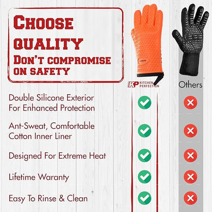 KITCHEN PERFECTION XL Silicone Oven & Griddle Gloves -Extreme Heat Resistant BBQ & Grilling Gloves -Handle Hot Food Right on Your Griddle |Waterproof Oven Mitts Grill Gloves |Superior Set+3 Bonuses