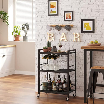 TUTOTAK Bar Cart with Wheels, Drink Cart with Wine Rack and Glass Holder | 3-Tier 23.7 Inch Wide Home Bar Serving Carts, Small Mobile Kitchen Shelf with 6 Hooks, Black BC01BK030