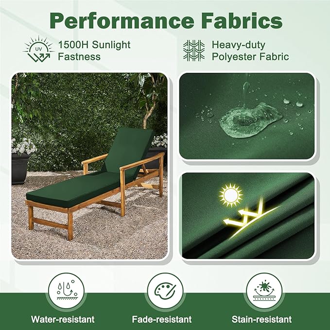 2 Pcs Chaise Lounge Cushions Outdoor Set of 2, 72x 21x 3 Inch Waterproof & Fade-Resistant Lounge Chair Cushion, Outdoor Chaise Cushion with Ties for Lawn, Patio, Pool & Beach, Forest Green