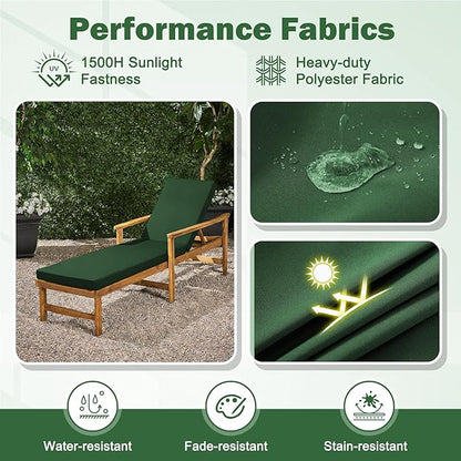 2 Pcs Chaise Lounge Cushions Outdoor Set of 2, 72x 21x 3 Inch Waterproof & Fade-Resistant Lounge Chair Cushion, Outdoor Chaise Cushion with Ties for Lawn, Patio, Pool & Beach, Forest Green