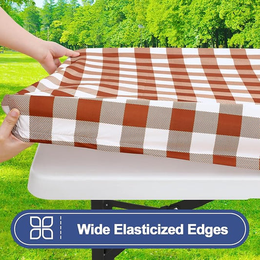 Smiry Picnic Table Cloth 2 Pack, Waterproof Elastic Fitted Tablecloths for 6FT Rectangle Tables, Washable Polyester Buffalo Plaid Tablecloth for Camping, Dining & Outdoor (Rust & White, 30" x 72")