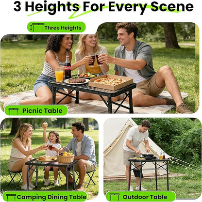 WildFinder Folding Camping Table, 3 Adjustable Height Max 27.5" Portable Grill Table with Mesh Bag, 2x1.3 FT Picnic Table for Outside, Camping, BBQ, Beach, Patio(Black)