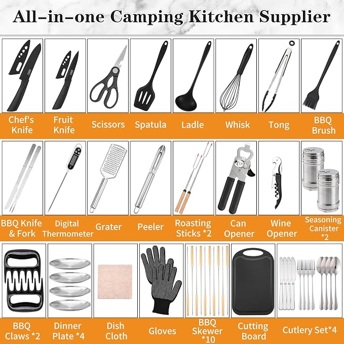 Wesqunie Camping Cooking Utensils Set, Cookware Set for Outdoor Hiking BBQ | Stainless Steel & Silicone Mess Kit, Durable Outdoor Kitchen Gear for Hiking, RV, Picnic Grill & Travel Camping Meal Prep