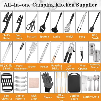 Wesqunie Camping Cooking Utensils Set, Cookware Set for Outdoor Hiking BBQ | Stainless Steel & Silicone Mess Kit, Durable Outdoor Kitchen Gear for Hiking, RV, Picnic Grill & Travel Camping Meal Prep