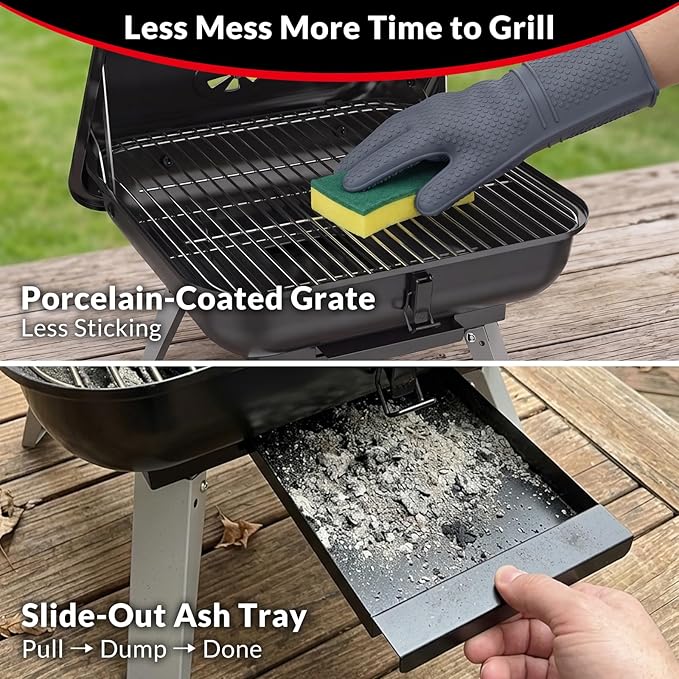 Portable Charcoal Grill, Small Charcoal Grill, Tabletop BBQ Grill, Foldable Camping Grill, Outdoor Grill for Picnic, Tailgating, Travel, Porcelain-Enamel Grates, Adjustable Air Vent