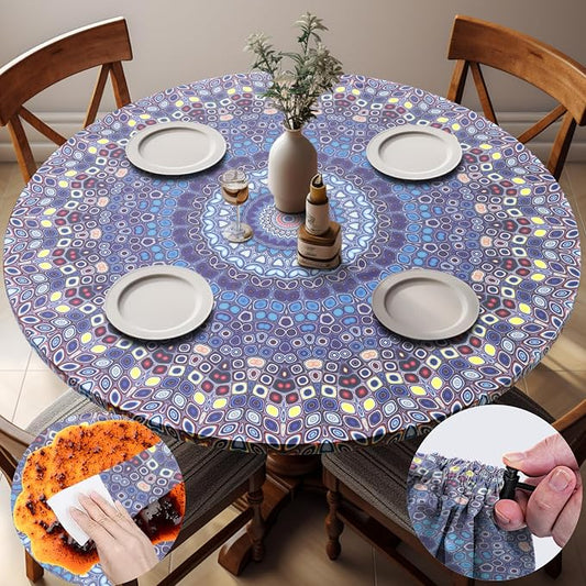 opstellen Fitted Round Tablecloth for 45-54" Inch Table Boho Waterproof Vinyl Reusable Summer Fall Tableclothes Campers Inside Outdoors Supplies Kitchen Dining Room Needs White Elephant Gifts