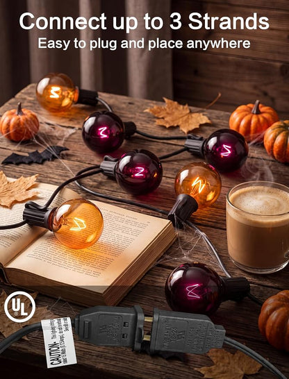 SUNSGNE 25FT G40 Halloween String Lights, Clear Orange Purple Globe Lights | 27 Glass Filament Bulbs(2 Spare), Orange Purple Halloween Glow, Vintage Glass Globe Design, Plug-In Power