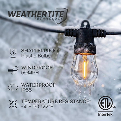 Brightech Ambience Hybrid Outdoor String Lights - Dual Plug and Solar Powered Waterproof LED Light String for Outside - Dimmable Soft White Edison Bulbs for Camping, Patio, Cafe, Yard - 48ft, 4W