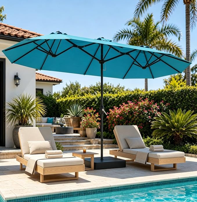 DomeShade 15FT Extra Large Patio Umbrella with Base, Double-Sided Outdoor Rectangular Market Umbrella with Stand,Heavy Duty Outside Sun Umbrella for Backyard,Poolside,Patio Furniture,Teal Blue