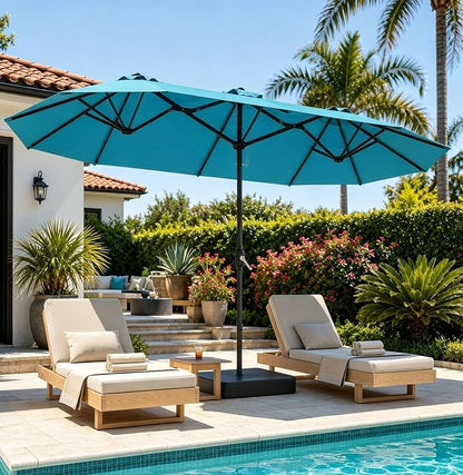 DomeShade 15FT Extra Large Patio Umbrella with Base, Double-Sided Outdoor Rectangular Market Umbrella with Stand,Heavy Duty Outside Sun Umbrella for Backyard,Poolside,Patio Furniture,Teal Blue
